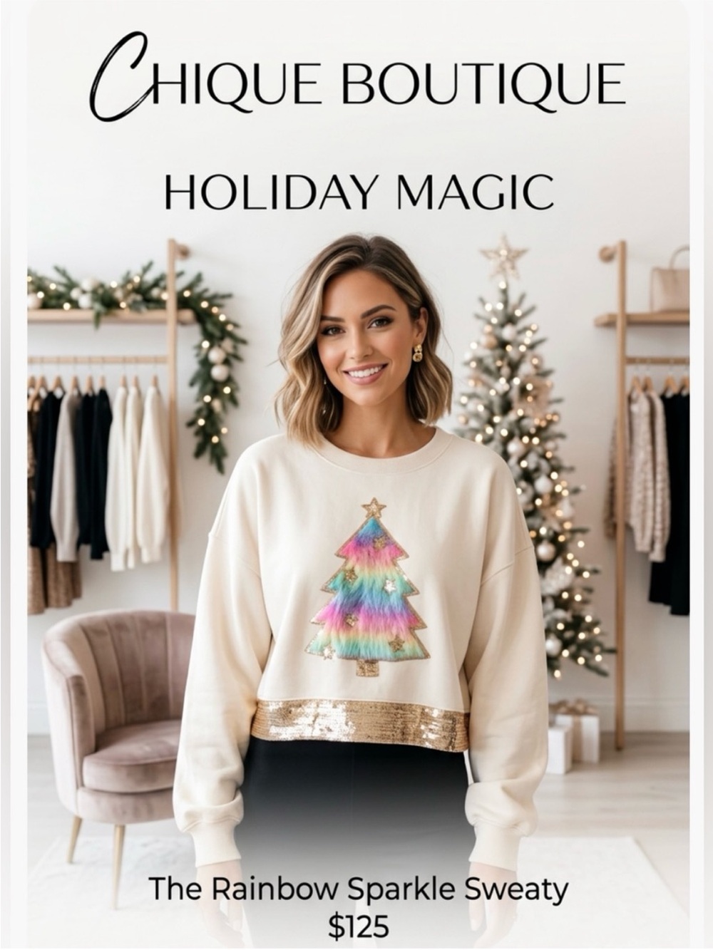 New ~ Peach Love Christmas Tree Beige Sparkly Sweatshirt ~ Size Large